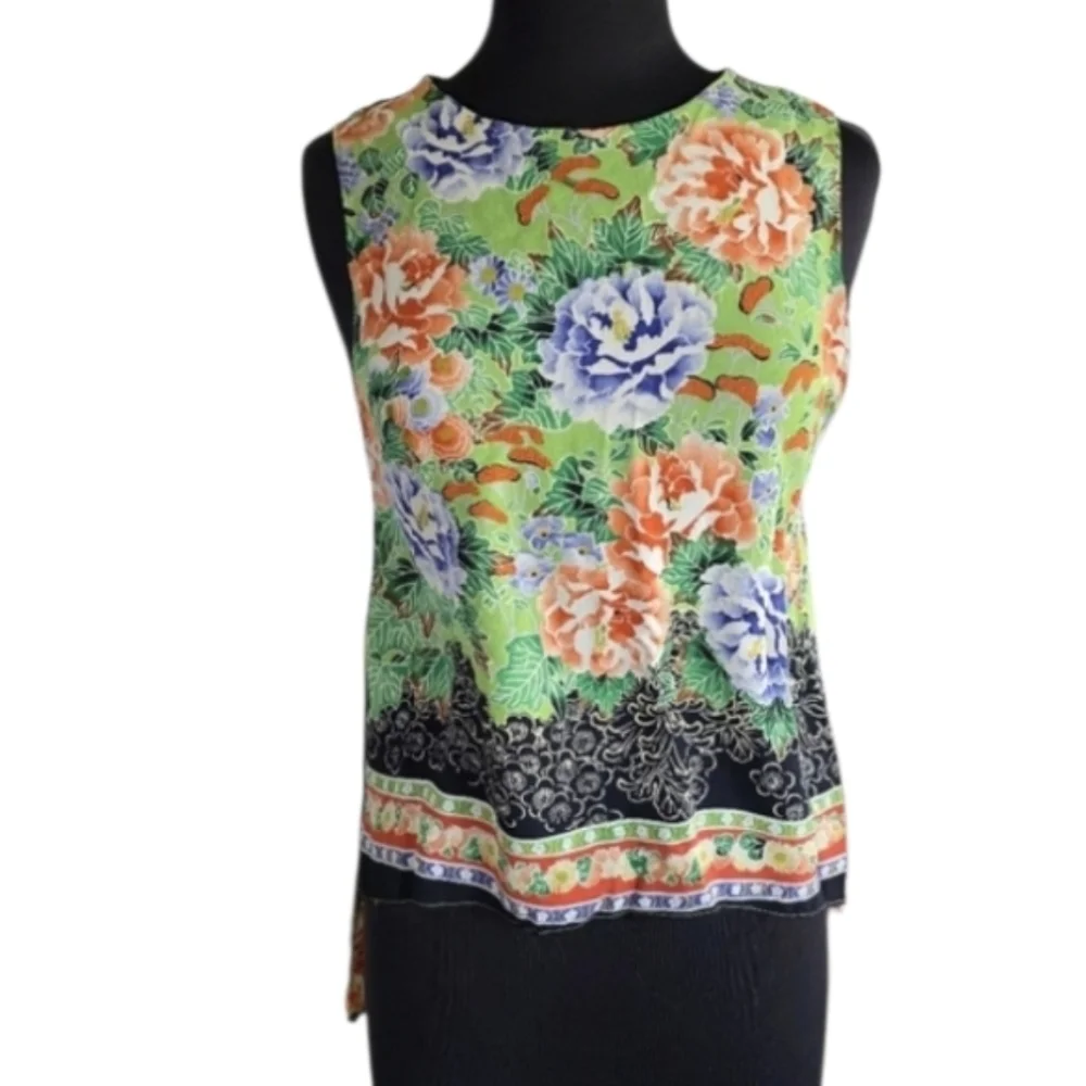 Reformation OS Sheer Hi-lo Tank Top Resortwear Green Orange Floral Bohochic